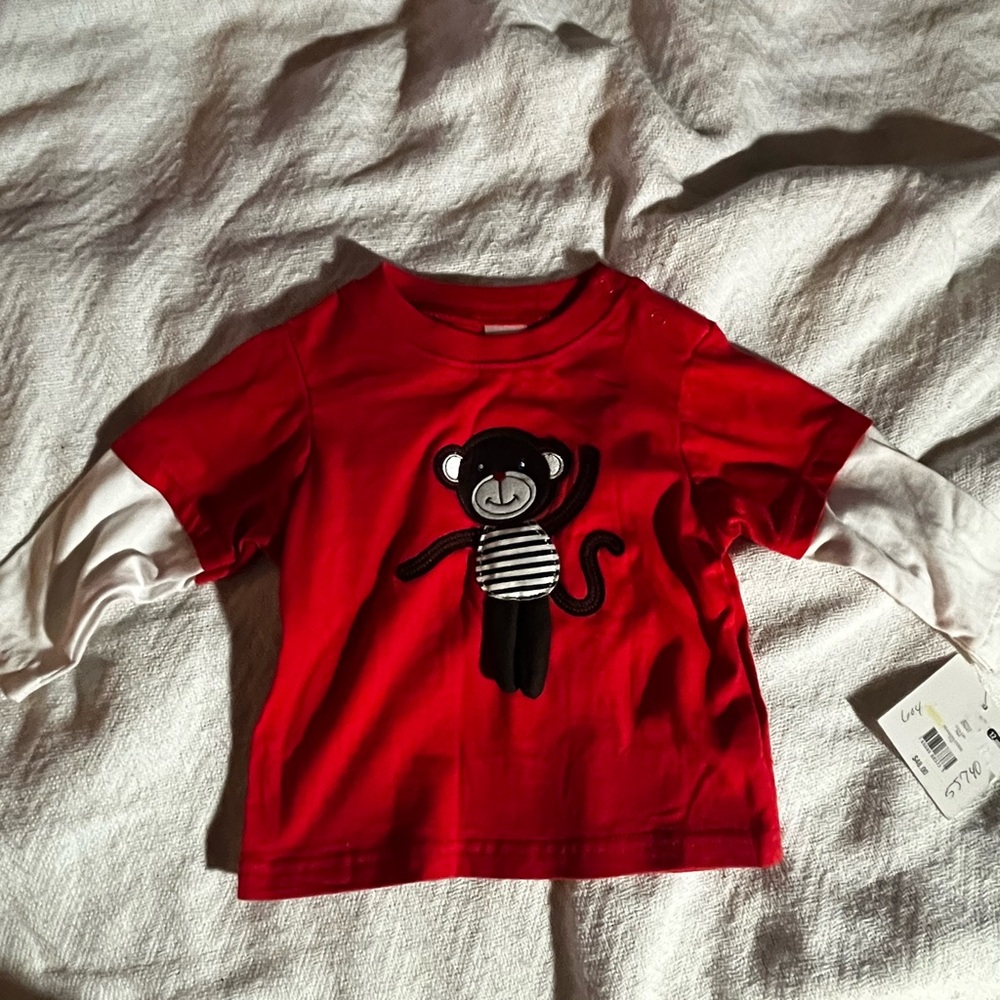 Red and White Long Sleeve Tee with Cartoon Graphic